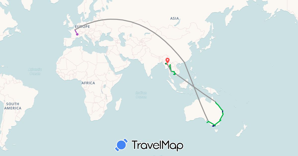 TravelMap itinerary: driving, bus, plane, train, hiking, boat in Australia, France, Hong Kong, Cambodia, Myanmar (Burma), Thailand (Asia, Europe, Oceania)
